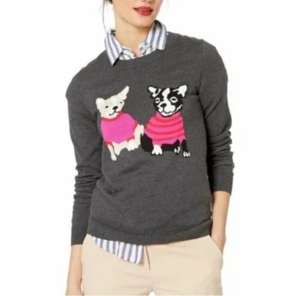 J Crew Mercantile French Bulldogs Sweater Women’s L Cotton Merino Wool Blend